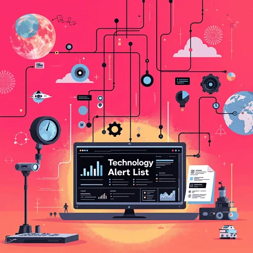 an in which a monitor in middle with text technology alert list and some graphs as well while around in the monitor there are many tech related things giving a vibe of technology things