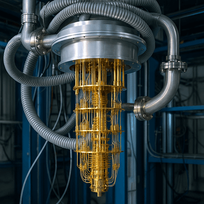 An AI-generated realistic image showing advanced quantum hardware with cooling system