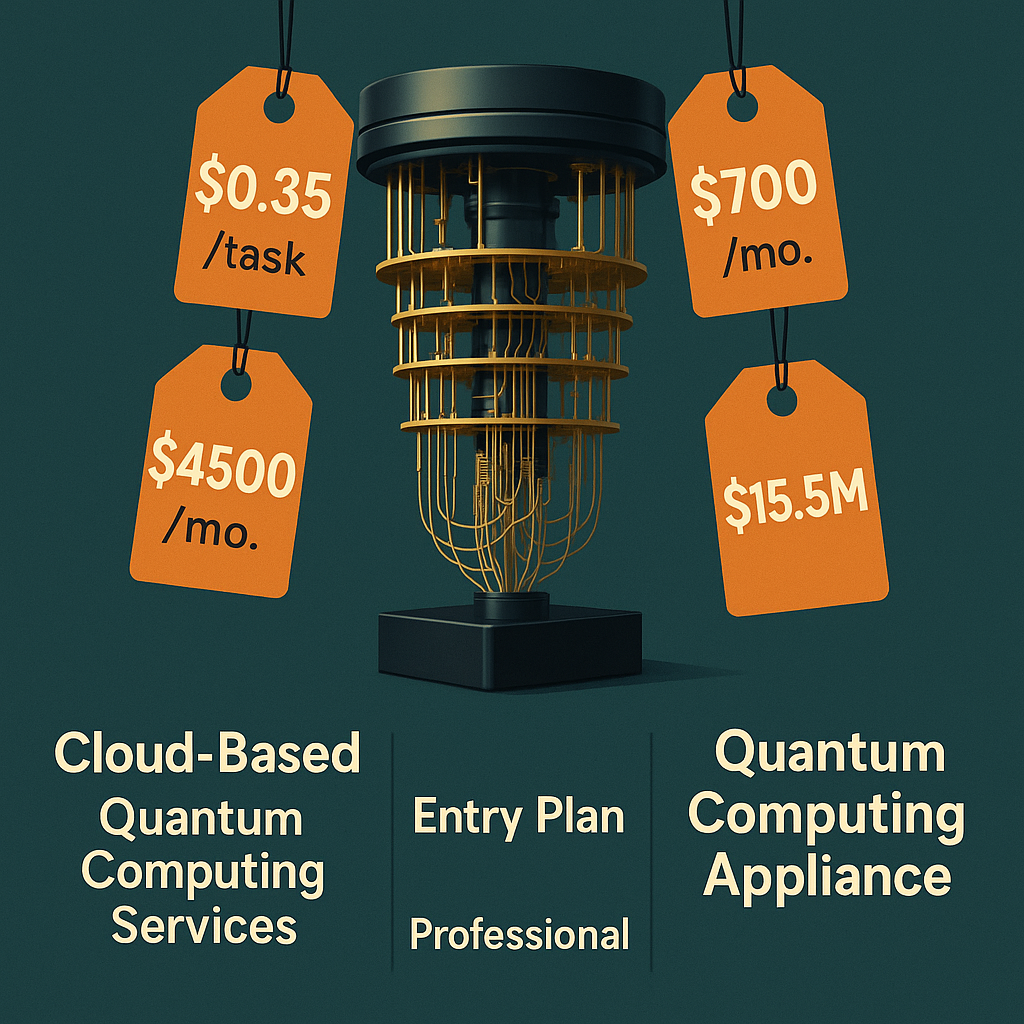 An illustration of quantum computer with varous pricing tags along with cloud and services of quantum computing