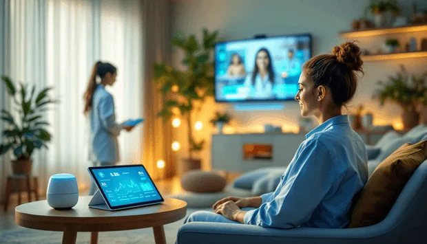 an image of a home room and two women are there one of them watching health statistics on her tablet