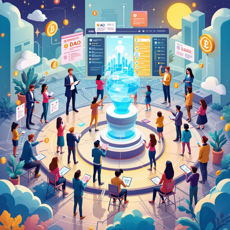 A detailed illustration of DAO governance showcasing a vibrant, decentralized voting process. The image features a diverse group of digital avatars representing community members, each participating in decision-making. They are interconnected through a blockchain network, symbolizing transparency and collaboration. Visual elements include voting tokens, digital ballots, and a large, interactive screen displaying live voting results. The atmosphere is dynamic, emphasizing inclusivity and innovation in governance, set against a futuristic digital landscape.