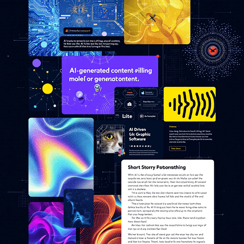 AI generated image on the following prompt: "a vibrant collage showcasing various examples of AI-generated content across different platforms, including a digital artwork produced by an AI algorithm, text generated by a language model, intricate designs from AI-driven graphic software, a realistic AI-generated photograph, and a short story created through machine learning, each displayed in a visually appealing manner that highlights the creativity and diversity of AI technology, with a modern, tech-savvy background."