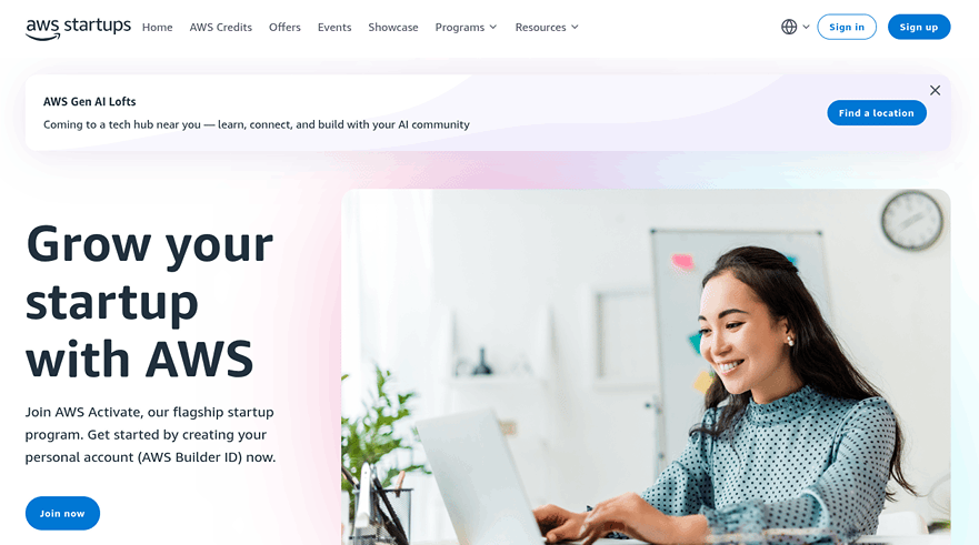AWS official website for startups page screenshot