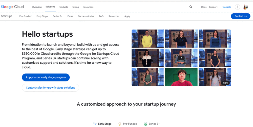 Google Cloud official website for startups page screenshot