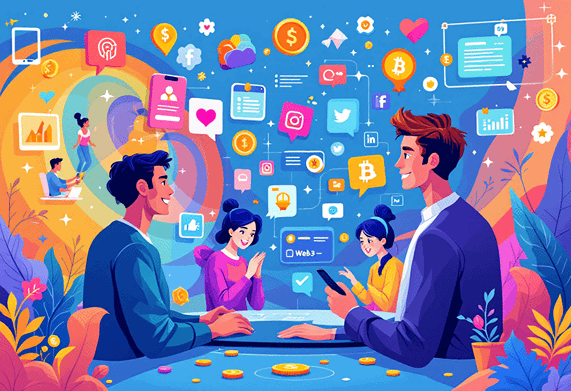 A vibrant digital illustration depicting the concept of SocialFi, showcasing a fusion of social media and Web3 elements. The scene features diverse individuals interacting in a lively virtual environment, signifying community-building. Around them are symbols of digital currencies, blockchain technology, and user-friendly interfaces, emphasizing the financial infrastructure of Web3. The background integrates elements like social media icons, creative tools, and user-generated content, all highlighting the idea of user-owned, creator-centric platforms. The overall color palette is bright and engaging, reflecting innovation and connectivity.