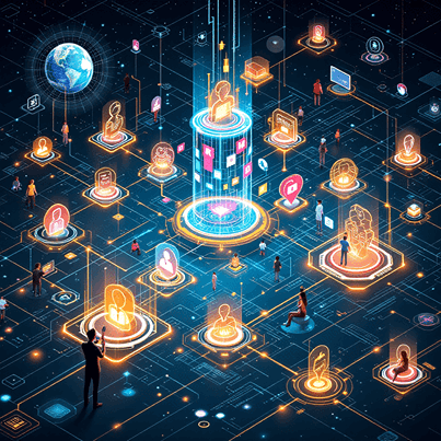 soulbound tokens digital identity concept illustration featuring a futuristic design showcasing interconnected identity attributes. The image should depict a vibrant network of digital icons representing various personal traits such as skills, achievements, and affiliations. Include elements like holographic interfaces, glowing pathways connecting different attributes, and a diverse range of users interacting with their digital identities. The background should be a sleek, modern digital landscape that emphasizes the idea of connectivity and security in a virtual environment.