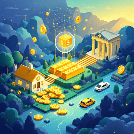 An elegant and modern financial landscape showcasing the tokenization of real-world assets (RWA) where traditional assets seamlessly integrate with blockchain networks. Visual elements should include classic financial symbols like a house, a car, and gold bars being digitally transformed into blockchain tokens. Graphic representations of blockchain technology, such as interconnected nodes and digital ledgers, are intertwined with these assets, symbolizing the bridge between conventional finance and Web3 innovation. The color palette should be a blend of futuristic blues and greens, conveying a sense of advanced technology and innovation.