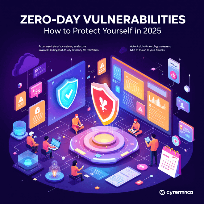 An informative and engaging image depicting 'Zero-Day Vulnerabilities: How to Protect Yourself in 2025'. The visual should feature a futuristic cybersecurity landscape, showcasing digital shields, firewalls, and security experts analyzing data on high-tech screens. Include key elements like hackers attempting to breach systems, alerts about zero-day vulnerabilities, and a calendar showing the year 2025. Integrate vibrant colors and modern design to convey urgency and awareness around cybersecurity, with a bold caption highlighting protective measures and awareness tips.